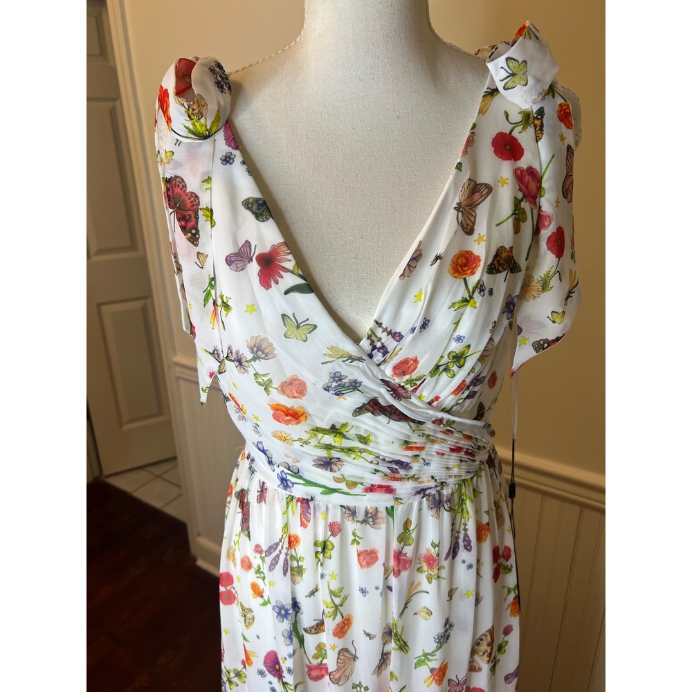 Mac Duggal Floral Butterfly Print Tiered Maxi Dress White V-Neck Tie Shoulder 4 - Picture 6 of 16